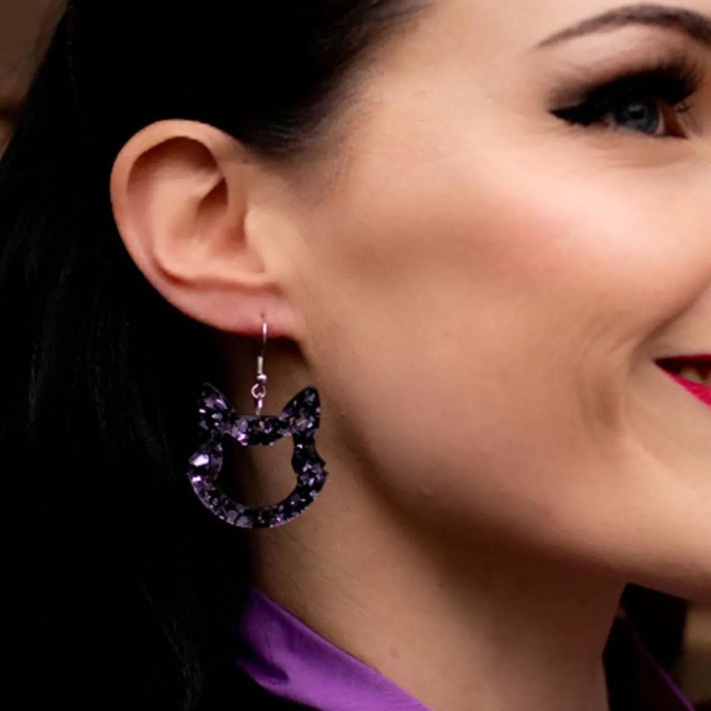 Erstwilder Cat Head Chunky Glitter Resin Drop Earrings - Purple^ Essential Earrings